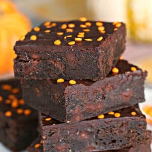 A stack of 3 2-Ingredient Pumpkin Brownies.