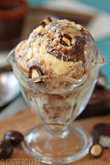 Close up of a sundae cup filled with Almond Coconut Fudge Ripple Ice Cream.