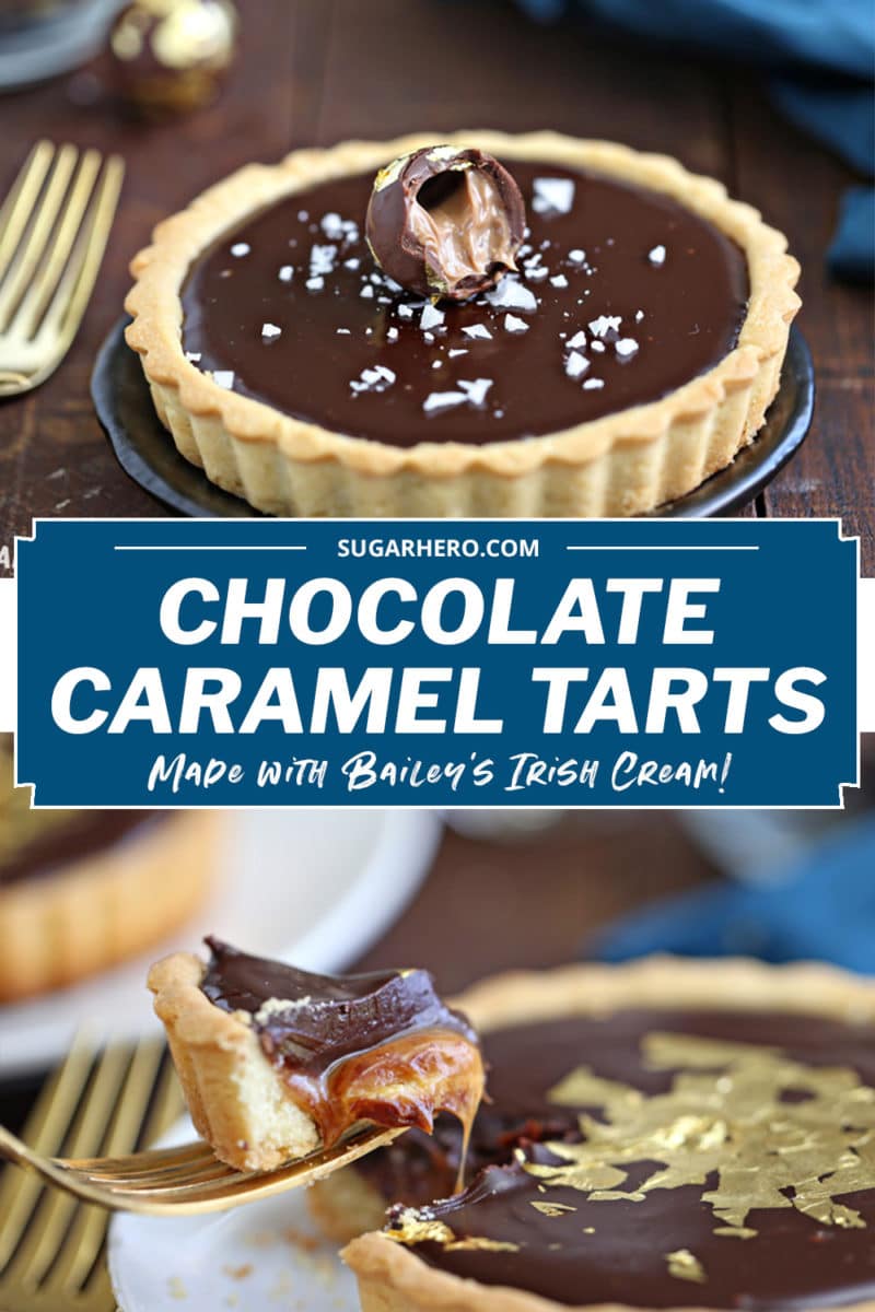 Two photo collage of Baileys Chocolate Caramel Tarts with text overlay for Pinterest