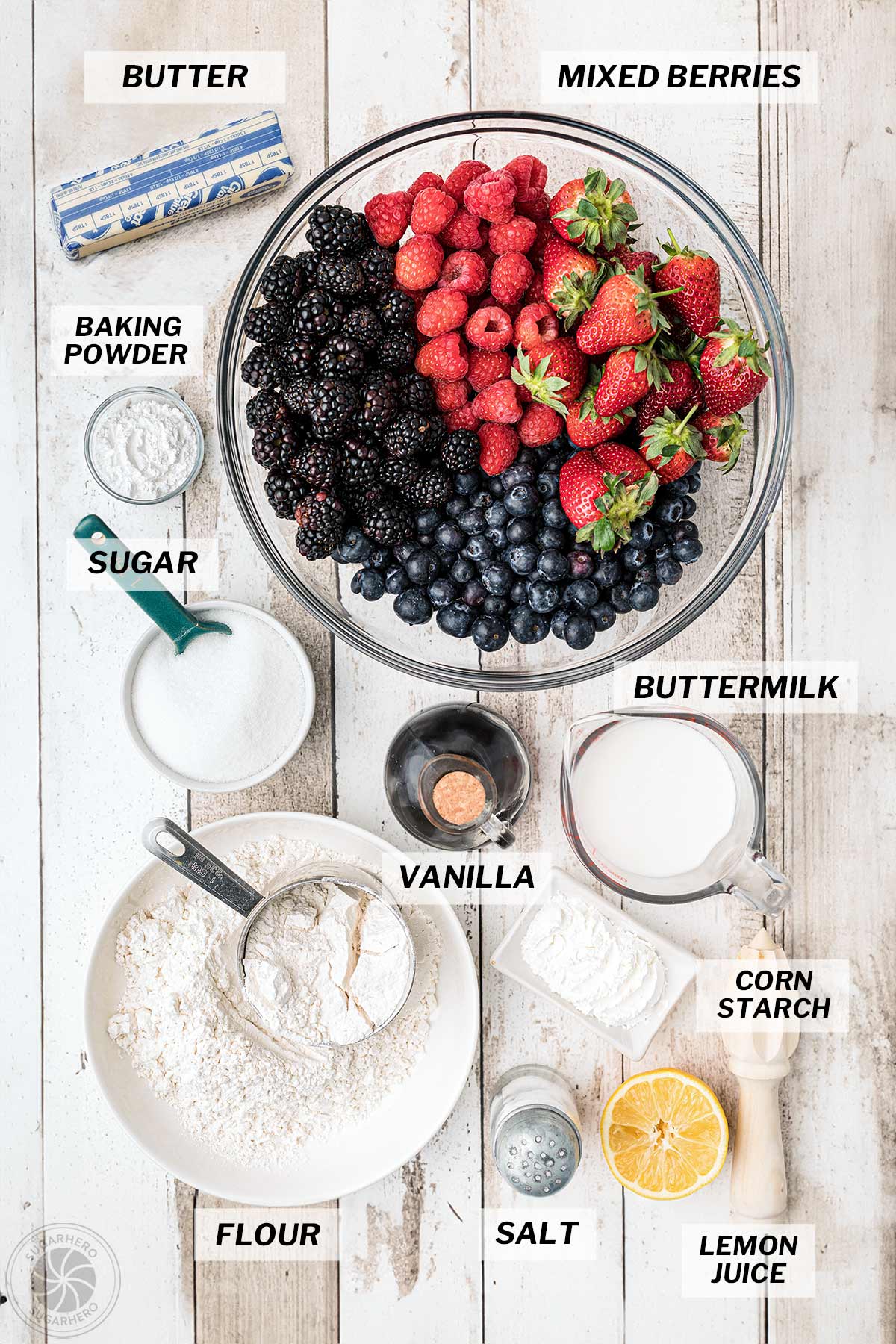 Overhead shot of ingredients used to make berry cobbler