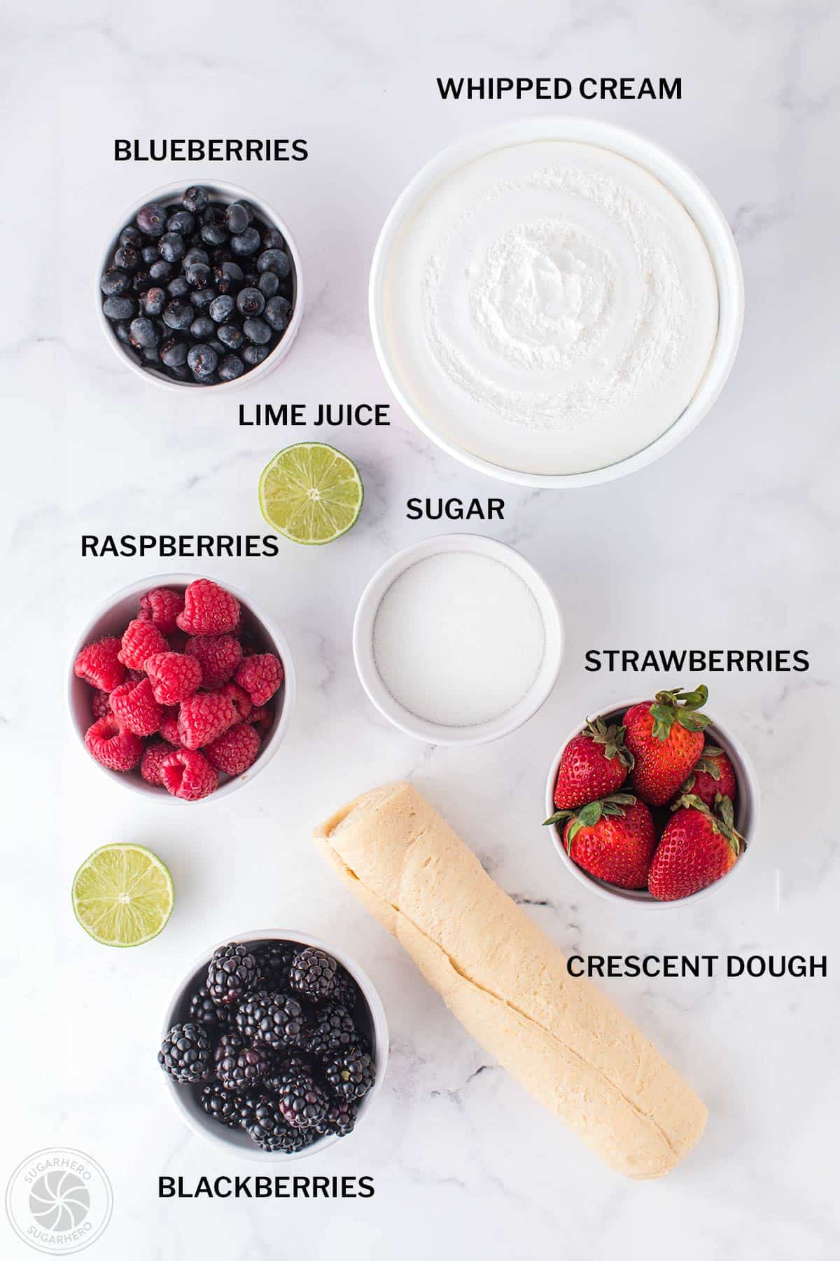 Overhead shot of ingredients needed for Berry Shortcake in a Jar