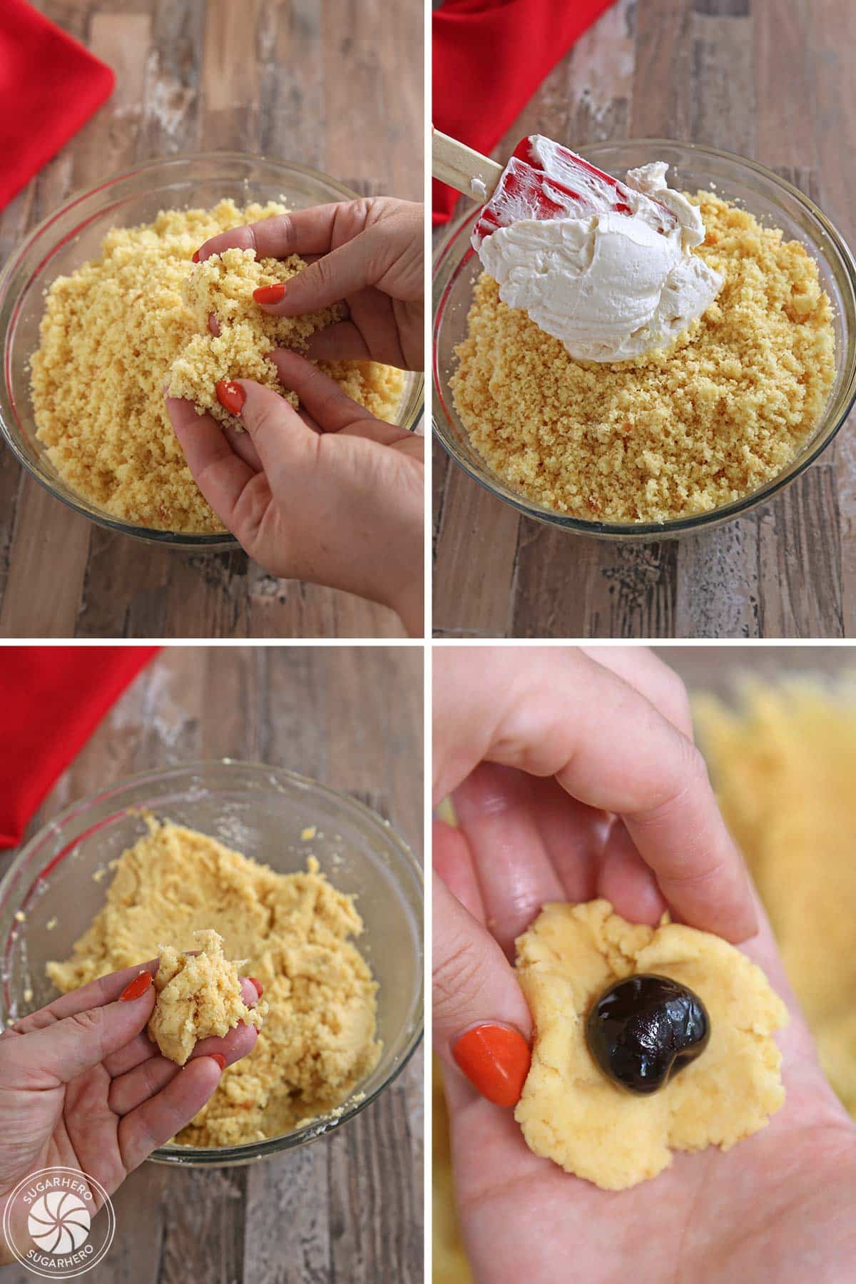Four photo collage showing how to assemble Halloween Cake Balls with a cherry inside.
