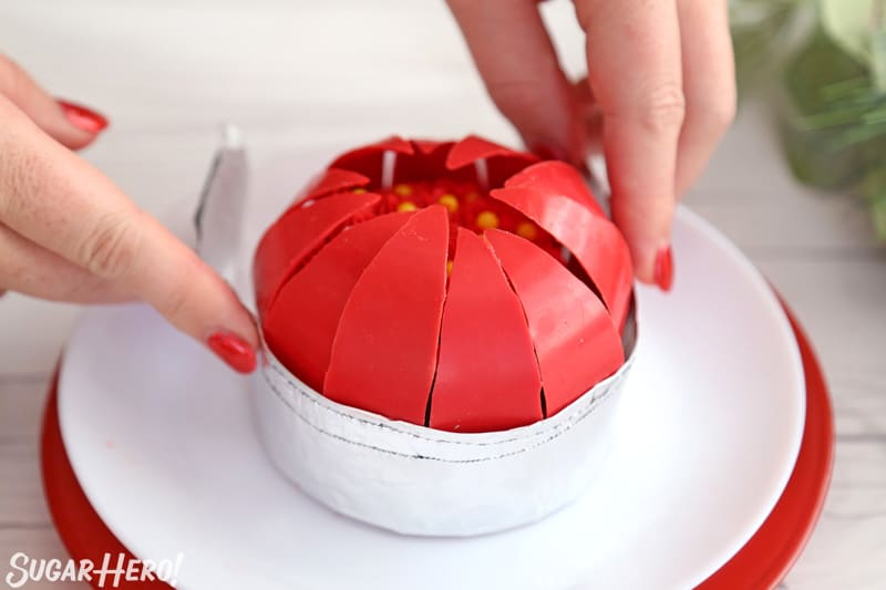 Blooming Chocolate Flowers - using a foil collar to create a sphere of red chocolate petals | From SugarHero.com