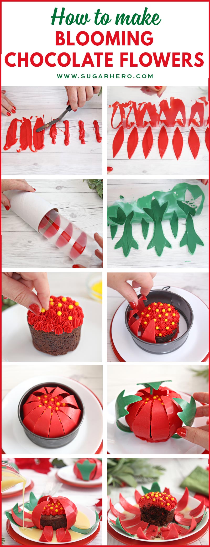 Blooming Chocolate Flowers - photo collage showing step-by-step photos for making a blooming chocolate flower | From SugarHero.com