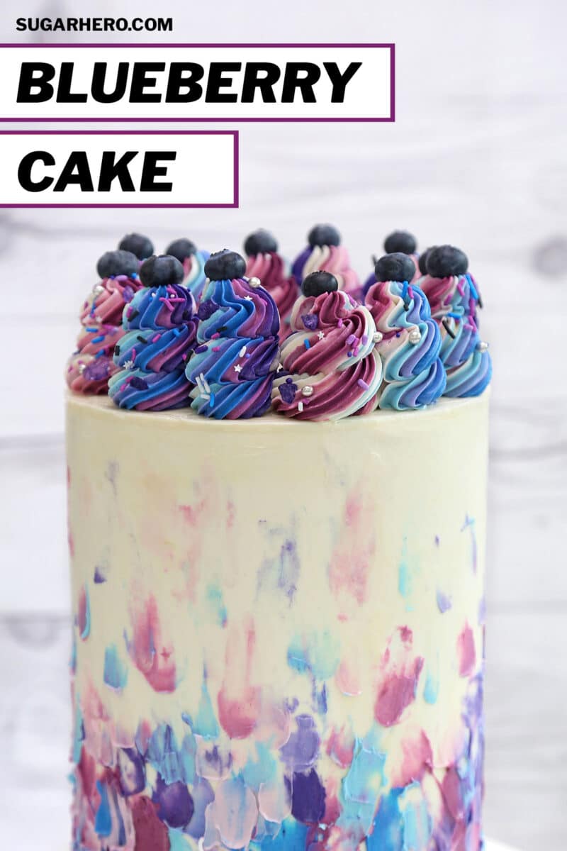 Photo of Blueberry Layer Cake with text overlay for Pinterest.