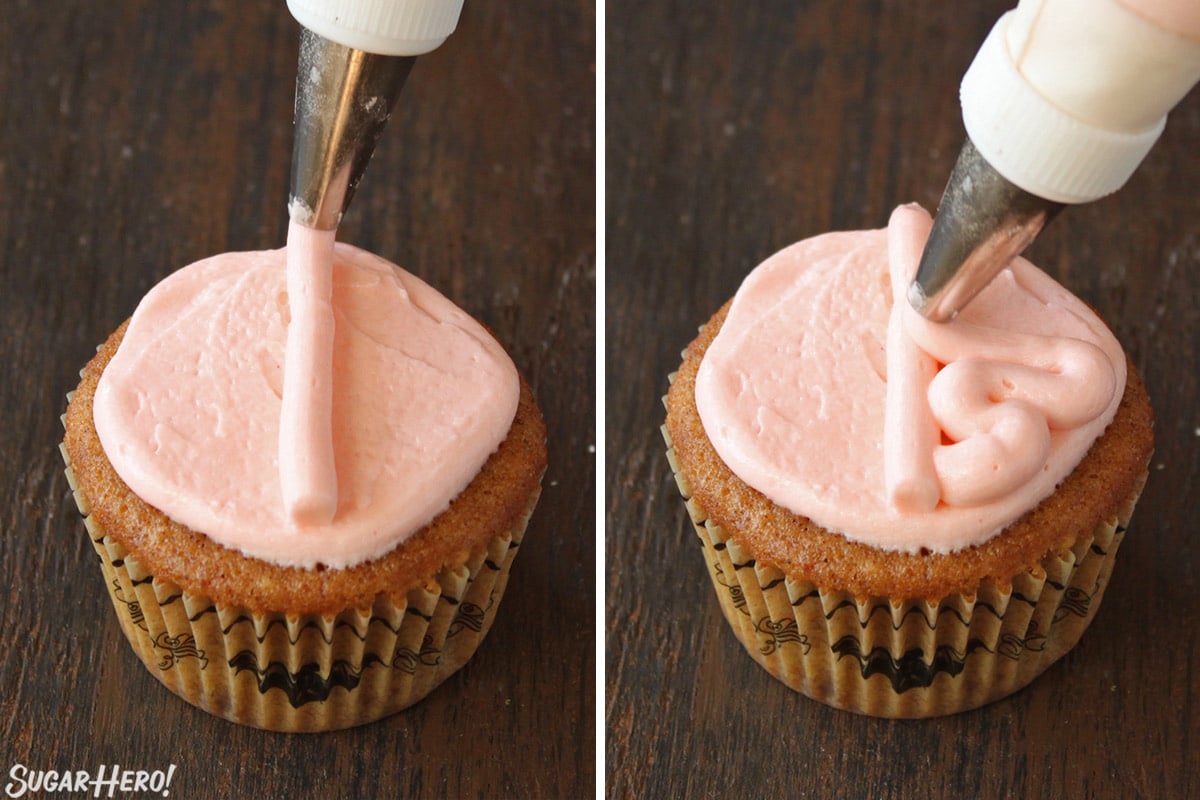 2 photo process picture of adding a center line of frosting and than swirling "brain" frosting to create the appearance of a brain for Brain Cupcakes.