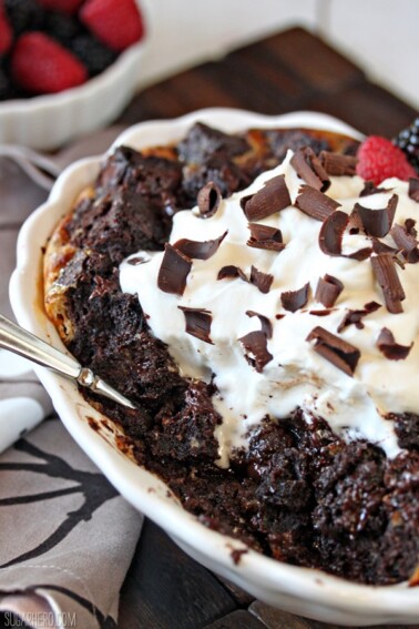 Brownie Bread Pudding with some bites removed to show texture.