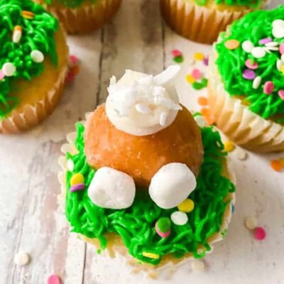 Close up of a Bunny Butt Cupcake for Easter Cupcake Round up.