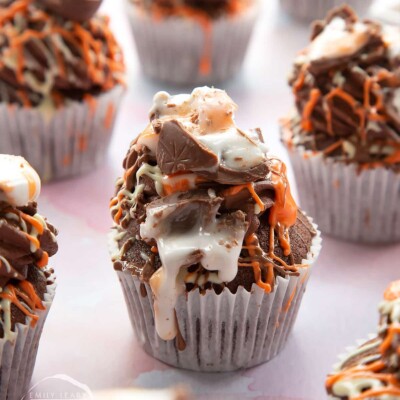 Close up of Cadbury Creme Egg Cupcake for Easter Cupcake Round up.