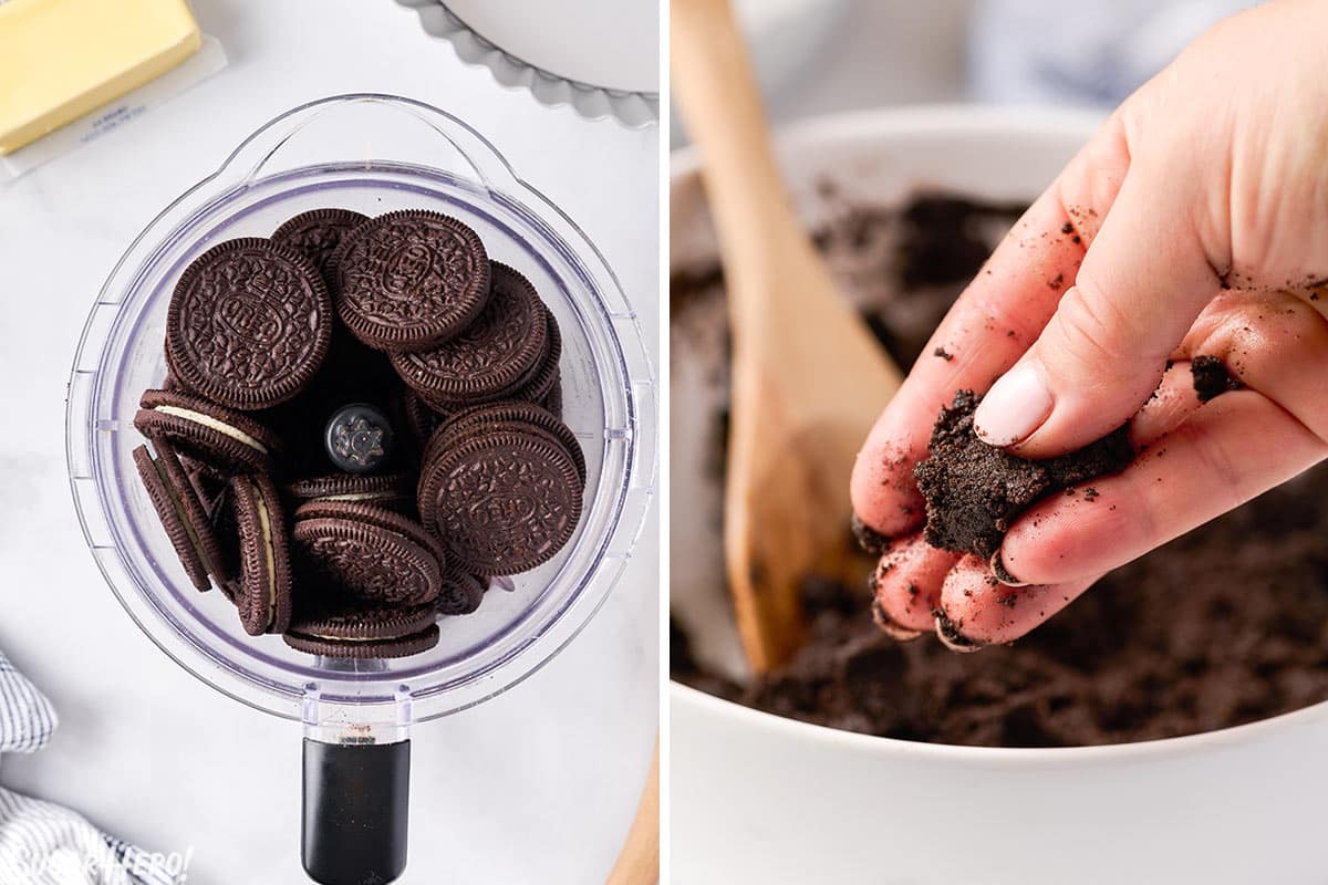 Two photo collage showing how to make the Oreo crust for a Candy Cane Cheesecake.