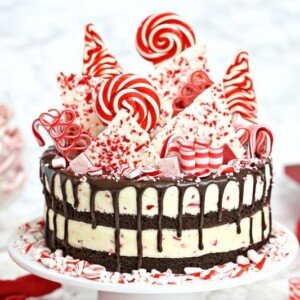 Candy Cane Mousse Cake on a white cake plate surrounded by candy cane bits.