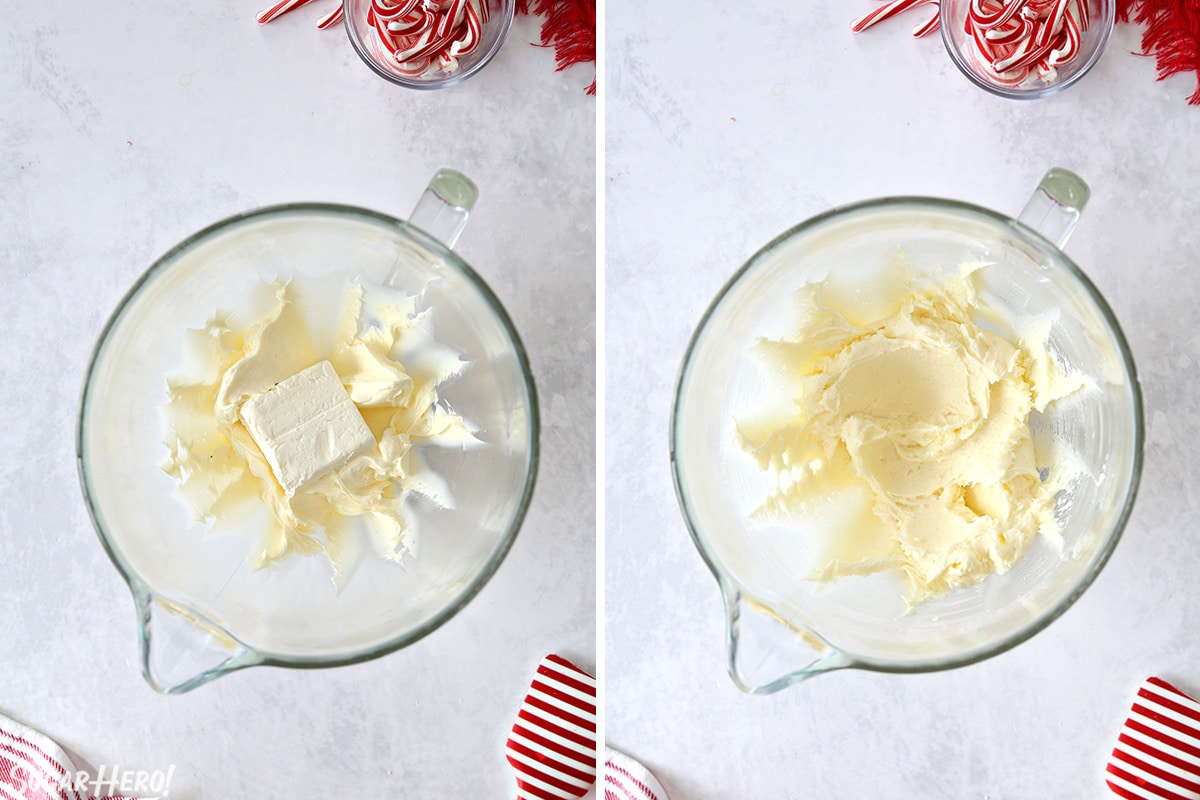 Two photo collage showing how to mix up the dough for Candy Cane Cookies.