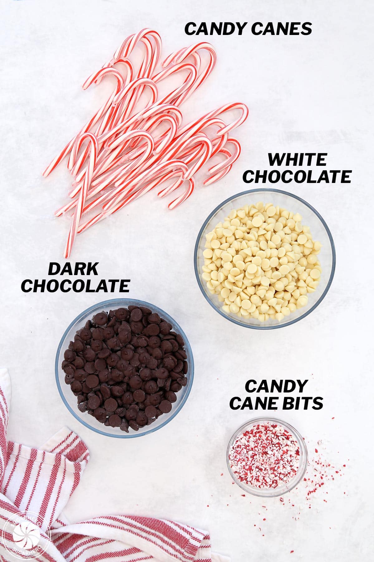 Overhead shot of supplies needed to make Candy Cane Hearts.