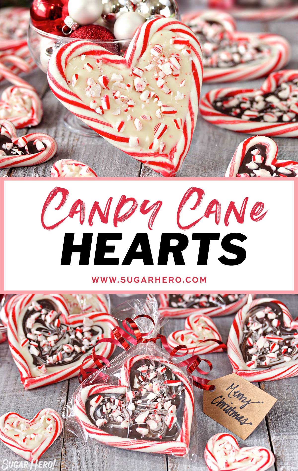Two photo collage of Candy Cane Hearts with text overlay for Pinterest.