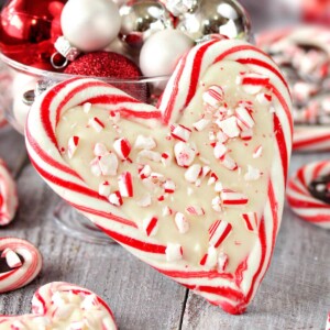 Close-up of a Candy Cane Heart with white chocolate on the inside and crushed candy canes on top.