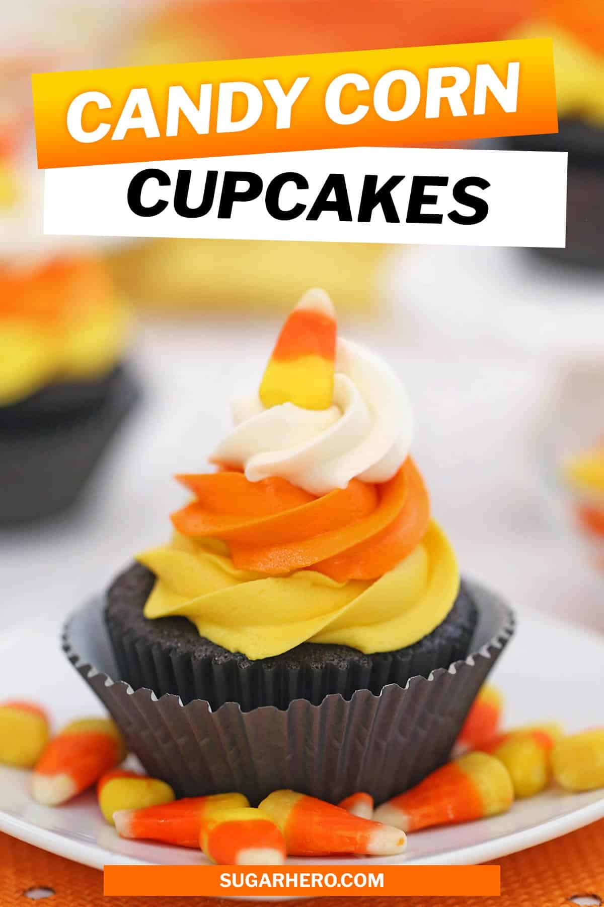 Photo of Candy Corn Cupcakes with text overlay for Pinterest.