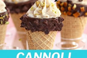 Pinterest collage showing cannoli cones with text overlay.