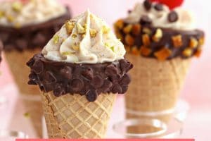 Pinterest collage of three cannoli cones with text overlay that reads "Cannoli Cones".