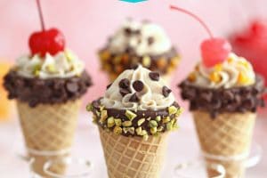 Collage for Pinterest showing four cannoli cones with text overlay that reads "Cannoli Cones".