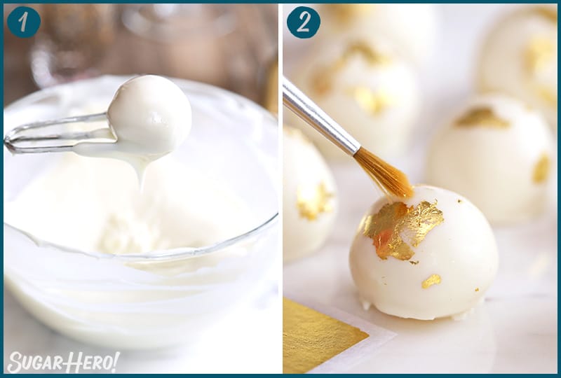 Two photo collage showing how to decorate Champagne White Chocolate Truffles