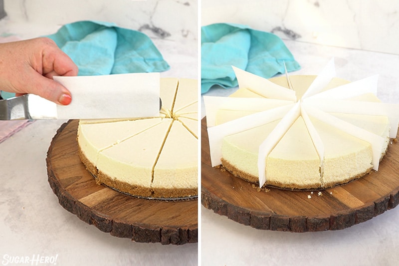 Two photo collage showing how to add parchment dividers to a sliced cheesecake.