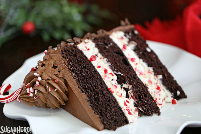 Chocolate Candy Cane Cake &ndash; close-up of single slice of cake on a plate | From SugarHero.com