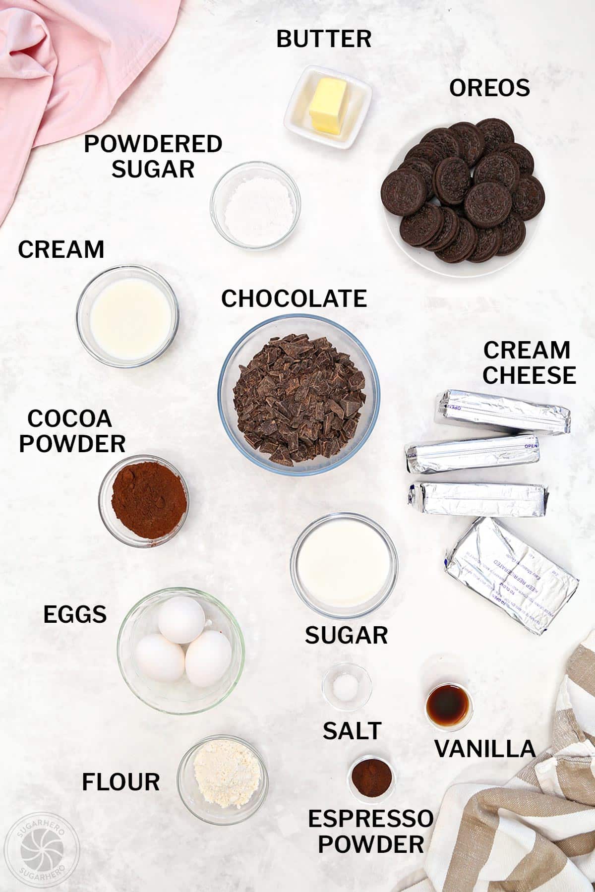 Ingredients needed to make a Chocolate Cheesecake.