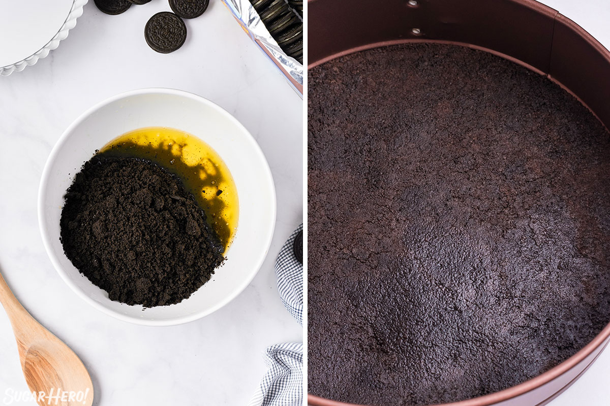 2 photo process collage of making the Oreo crust for a Chocolate Cheesecake.