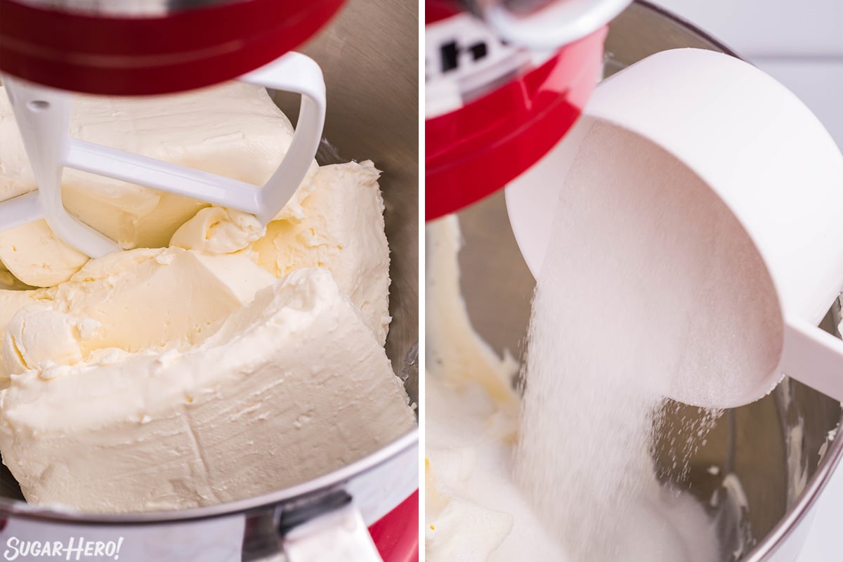 3 photo process collage of creaming the cream cheese and granulated sugar for a Chocolate Cheesecake.