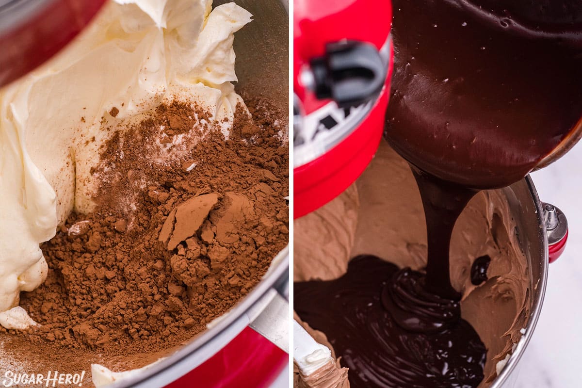 2 photo process collage of adding cocoa powder and chocolate sauce into the filling for a Chocolate Cheesecake.