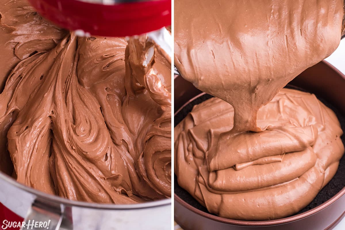2 photo process collage of blending the filling and pouring it on top of an Oreo crust for Chocolate Cheesecake.