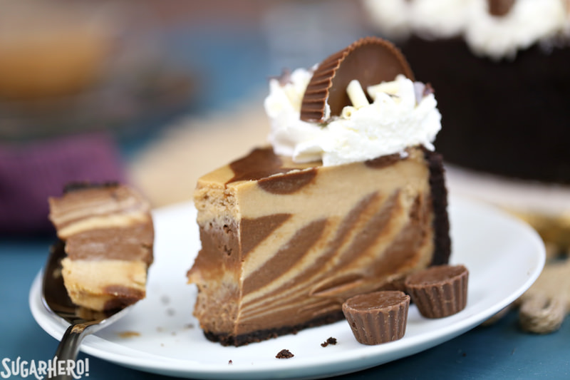 Chocolate Peanut Butter Cheesecake single slice with a bite taken out | From SugarHero.com