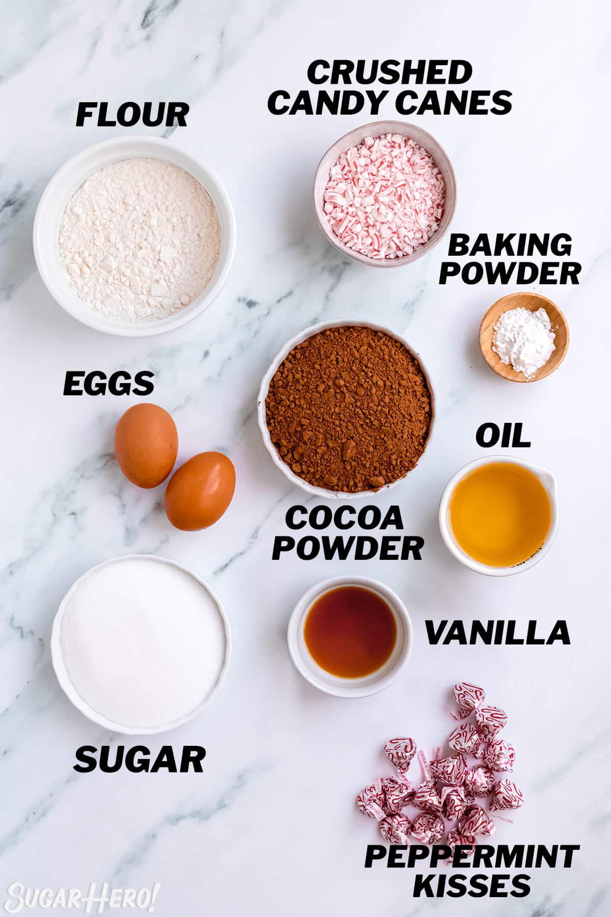 Ingredients for Chocolate Peppermint Kiss Cookies.