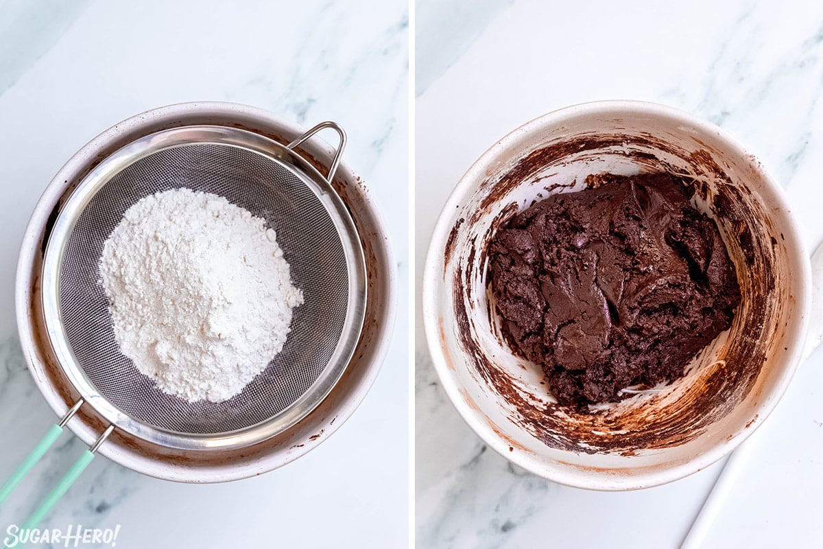 2 photo process photo of sifting flour into the batter for the Chocolate Peppermint Kiss Cookies.