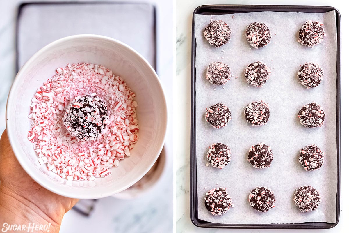 2 photo process picture of rolling cookie dough into candy cane pieces and placing them on a baking tray for Chocolate Peppermint Kiss Cookies.