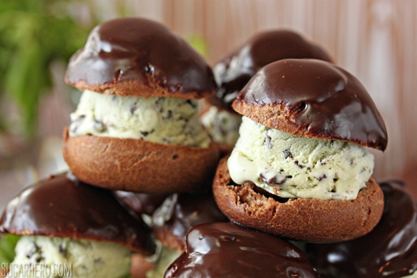 Chocolate Profiteroles with Fresh Mint Chip Ice Cream | From SugarHero.com