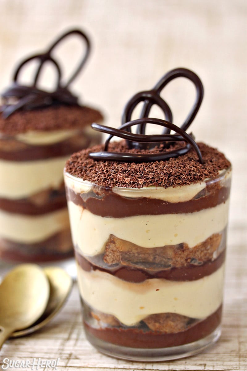 Tiramisu in glass cup with chocolate shavings on top