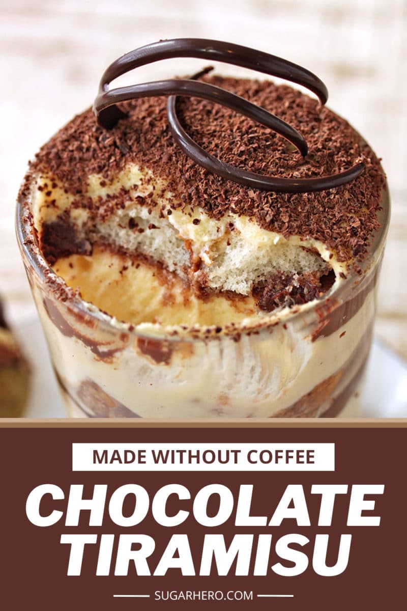 Photo of Chocolate Tiramisu with text overlay for Pinterest
