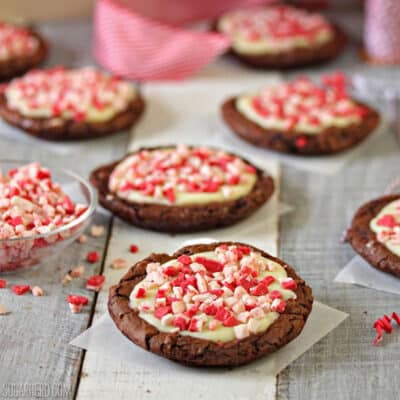 Close up of a couple Chocolate Truffle Peppermint Crunch Cookies.