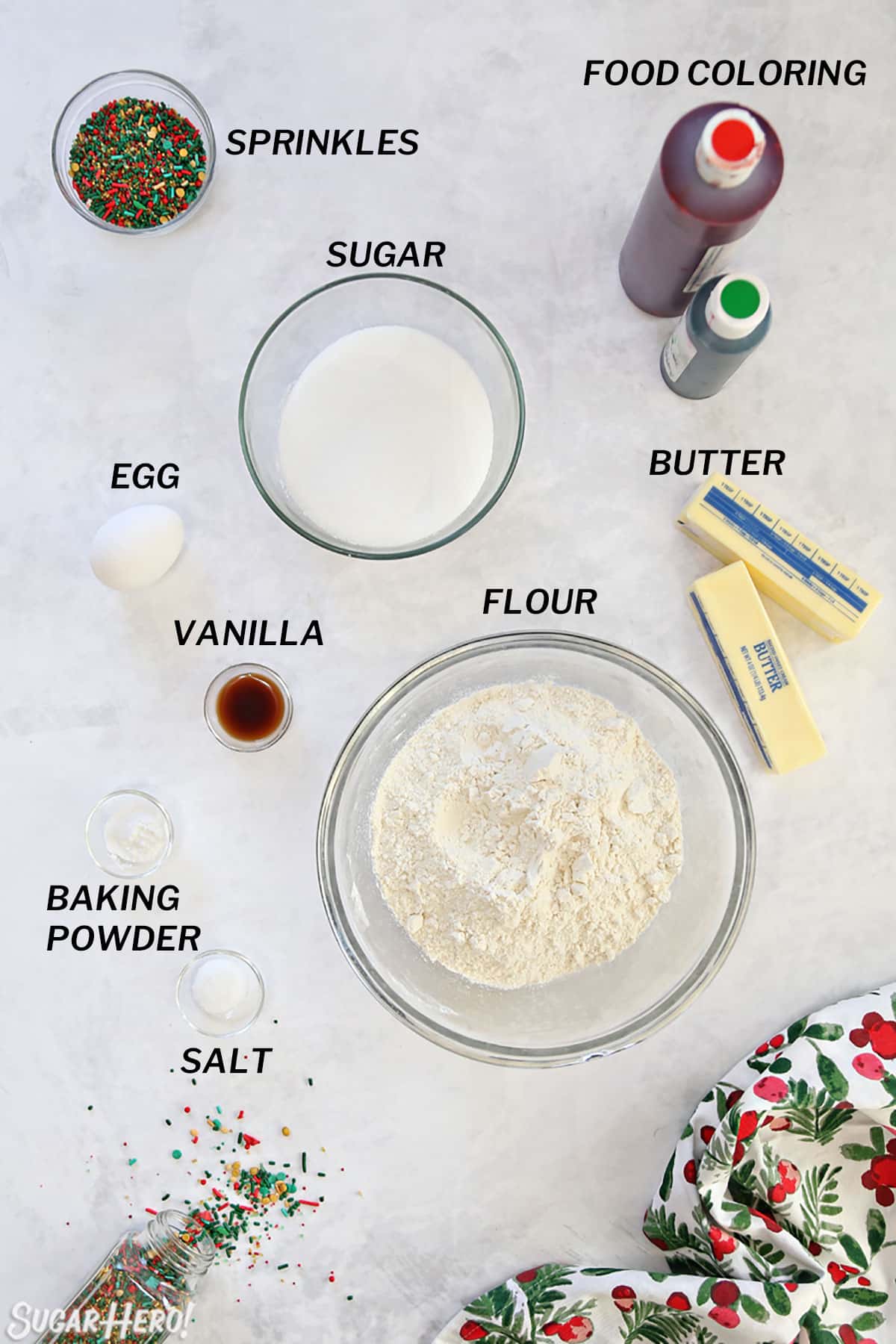 Overhead shot of ingredients needed to make Christmas Pinwheel Cookies.