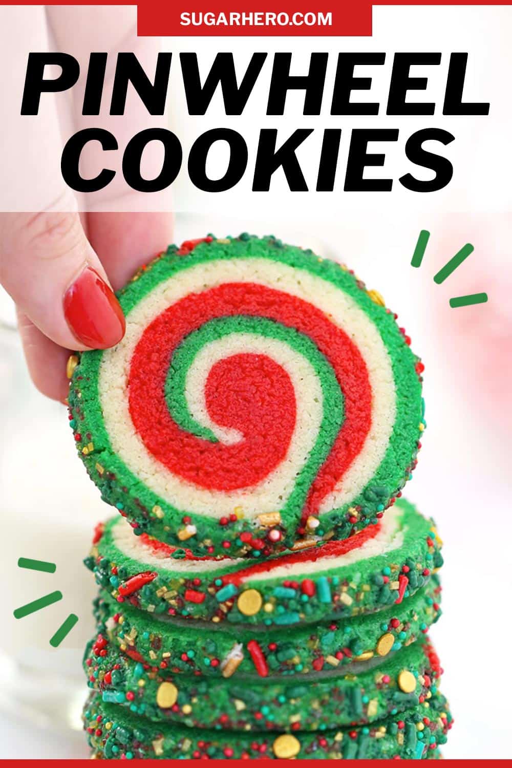 Photo of Christmas Pinwheel Cookies with text overlay for Pinterest