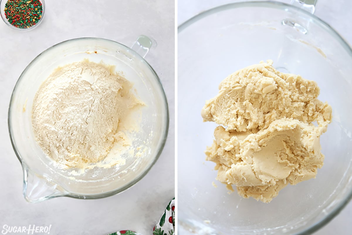 Two-photo collage showing how to make Christmas pinwheel cookie dough.