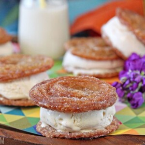 Close up of a Churro Ice Cream Sandwich on a brightly colored napkin next to purple stock.