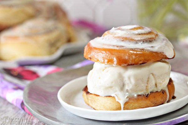 Cinnamon Roll Ice Cream Sandwiches with Cream Cheese Ice Cream | From SugarHero.com
