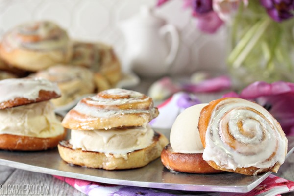 Cinnamon Roll Ice Cream Sandwiches with Cream Cheese Ice Cream | From SugarHero.com