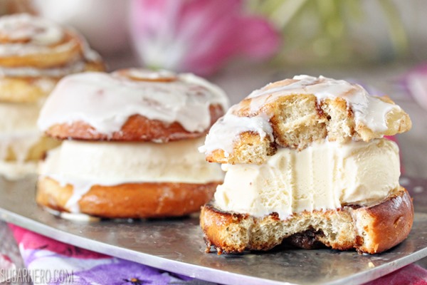 Cinnamon Roll Ice Cream Sandwiches with Cream Cheese Ice Cream | From SugarHero.com
