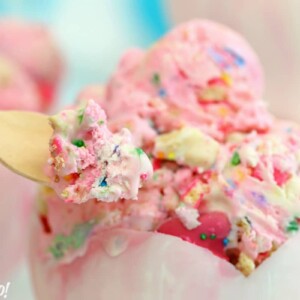 Close up of a spoon with a bite of Circus Animal No-Churn Ice Cream in a chocolate bowl.