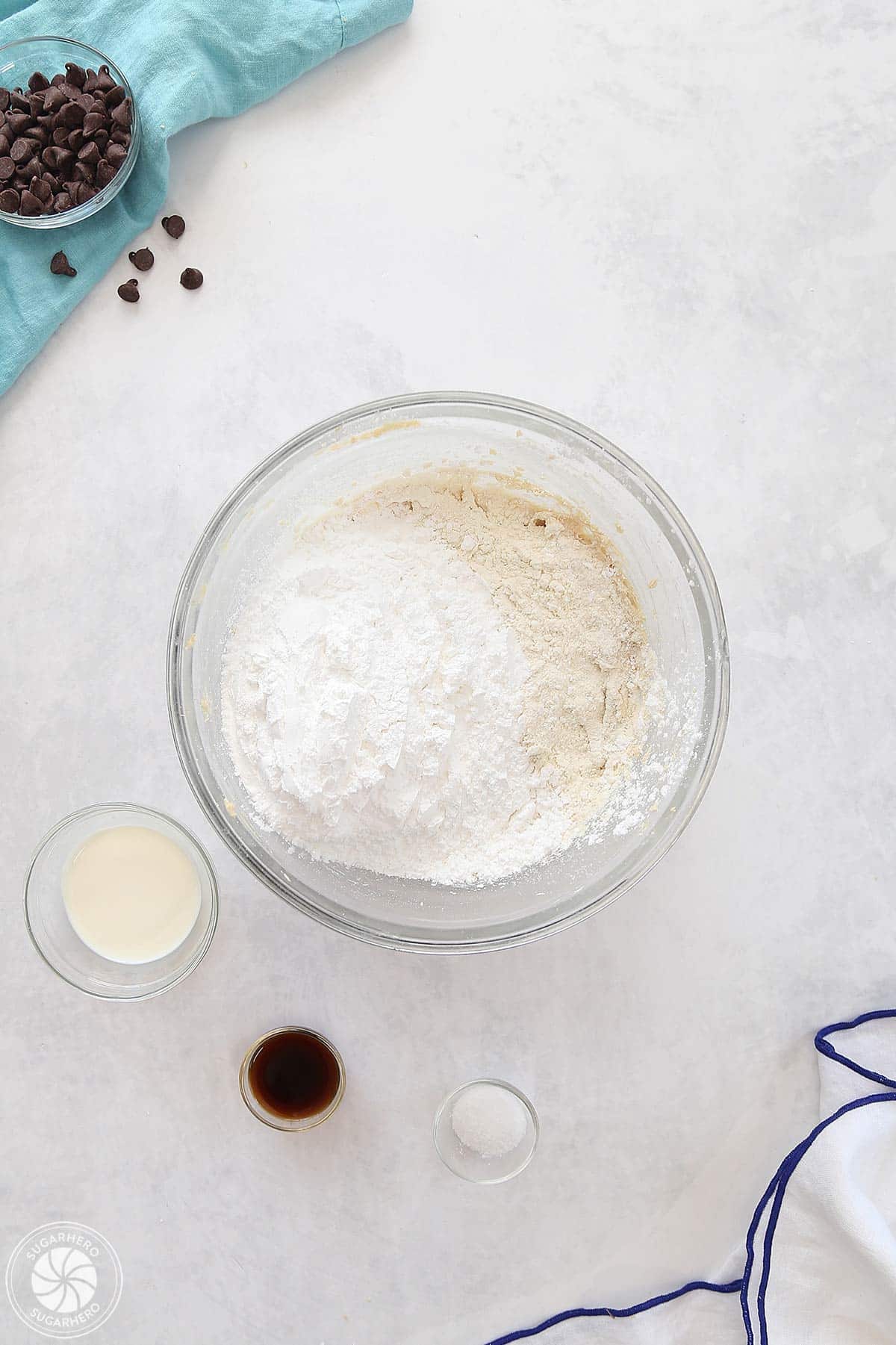 Ingredients needed to make cookie dough filling in a small bowls.