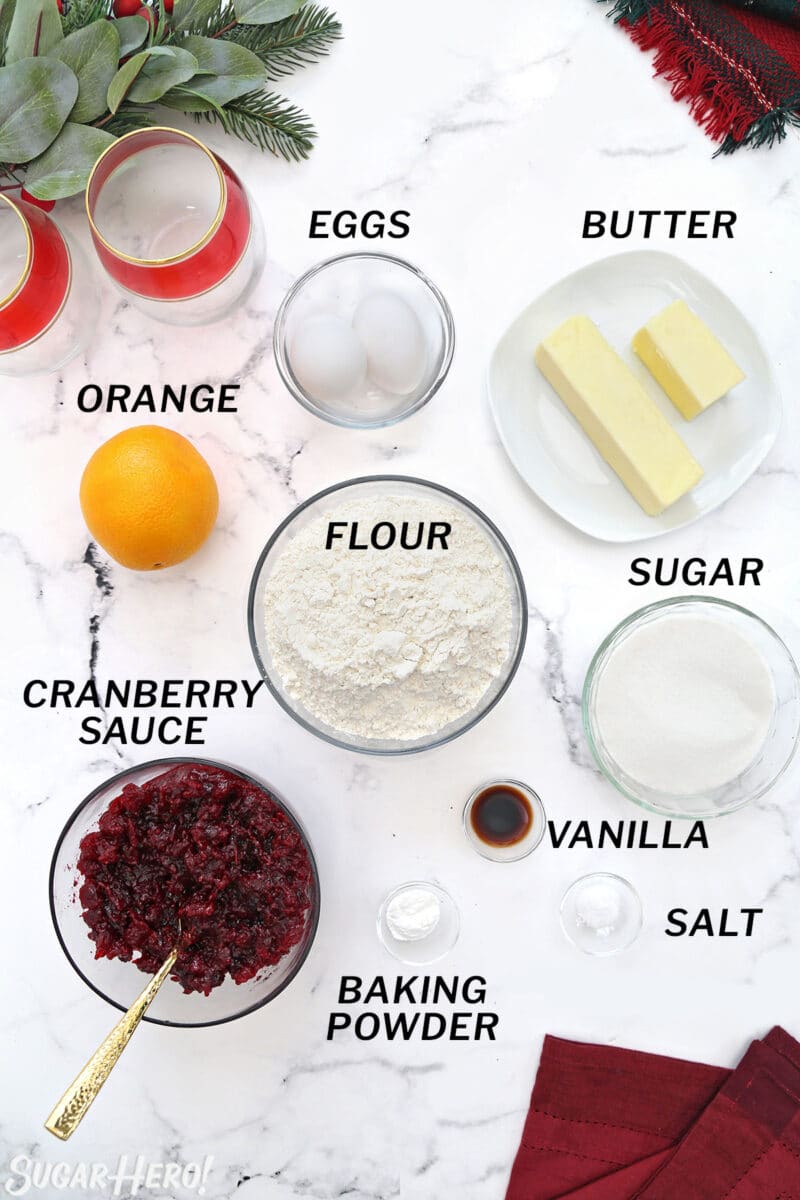Overhead shot of ingredients needed to make Cranberry Sauce Cake.