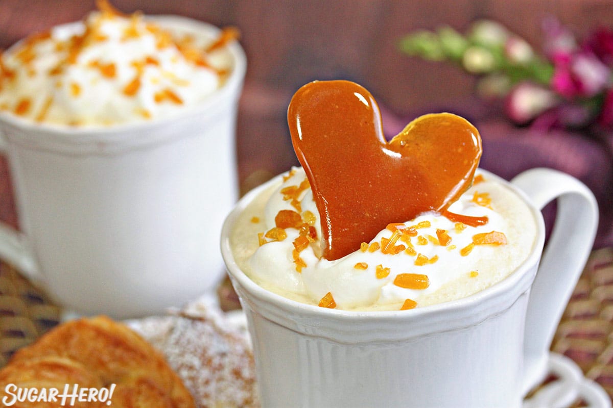 Close up of the top of a mug of Cr&egrave;me Brulee White Hot Chocolate.